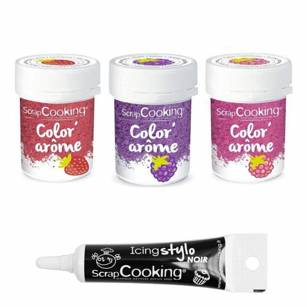 3 colorants alimentaires framboise, mûre & fraise + stylo glaçage noir