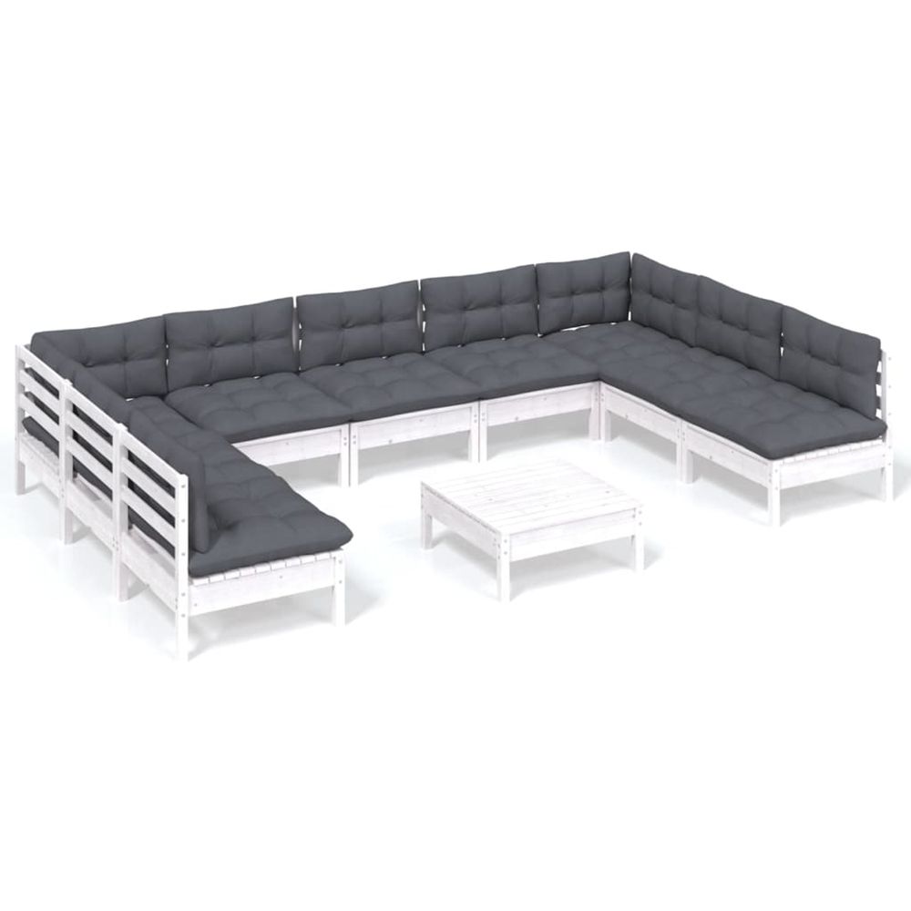 Salon de jardin 10 pcs avec coussins blanc bois de pin massif
