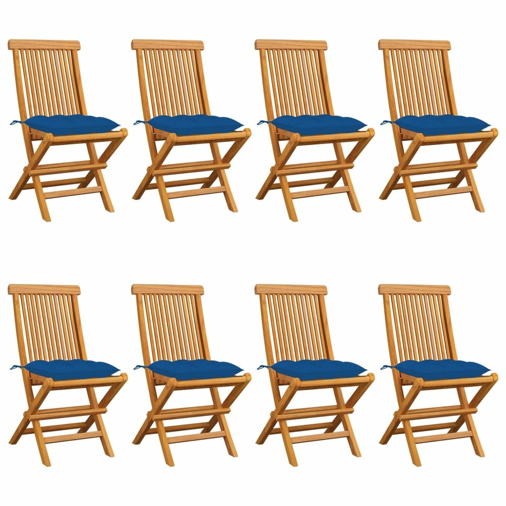 Chaises de jardin avec coussins bleu 8 pcs bois de teck massif