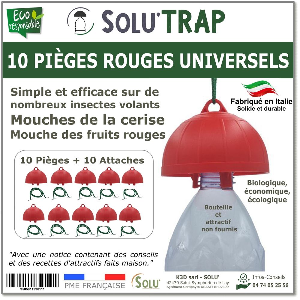 10 pièges rouges universels pour mouches des fruits et mouches de la cerise – pièges à suspendre – compatible bouteille plastique