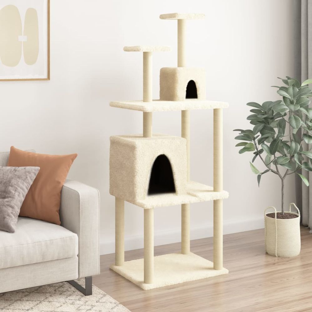Grand arbre à chat en sisal avec 2 niches pour multi-chats crème 167 cm