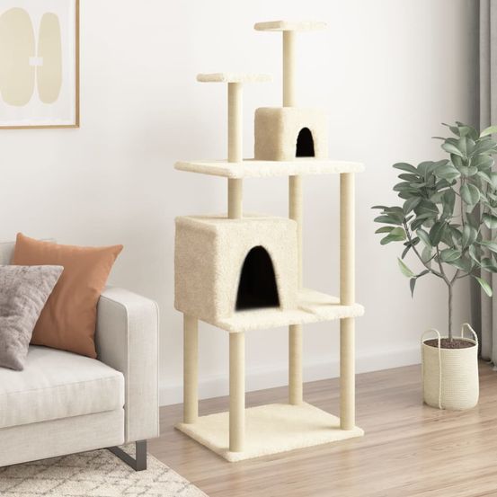 Grand arbre à chat en sisal avec 2 niches pour multi-chats crème 167 cm