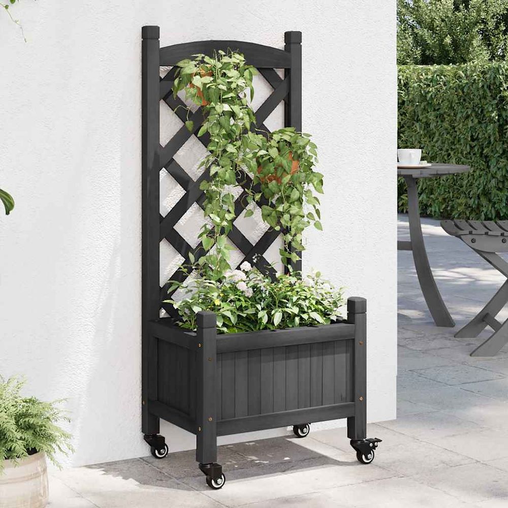 Bac à plantes roulant avec panneau treillis – bois de sapin massif finition élégante pour patio – 40x98cm noir