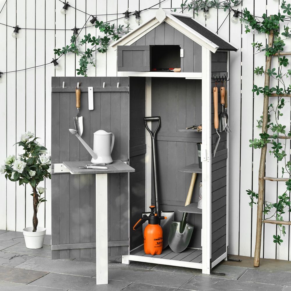 Armoire jardin bois rangement outils table pliante toit bitumé gris - comfortxl outdoor living