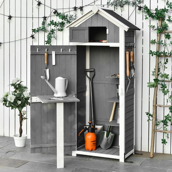 Armoire jardin bois rangement outils table pliante toit bitumé gris - comfortxl outdoor living