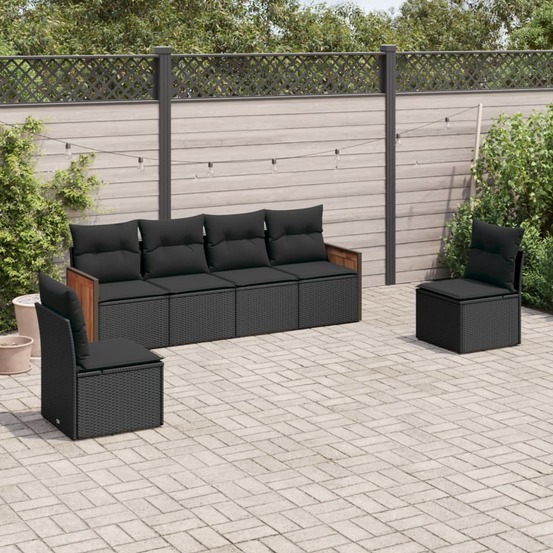 Salon de jardin 6 pcs avec coussins noir résine tressée