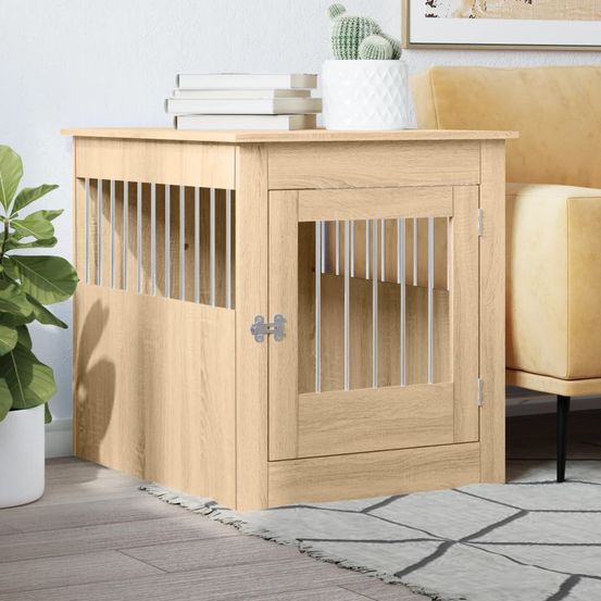 Meuble cage chien bois et acier table d'appoint chêne sonoma 80cm