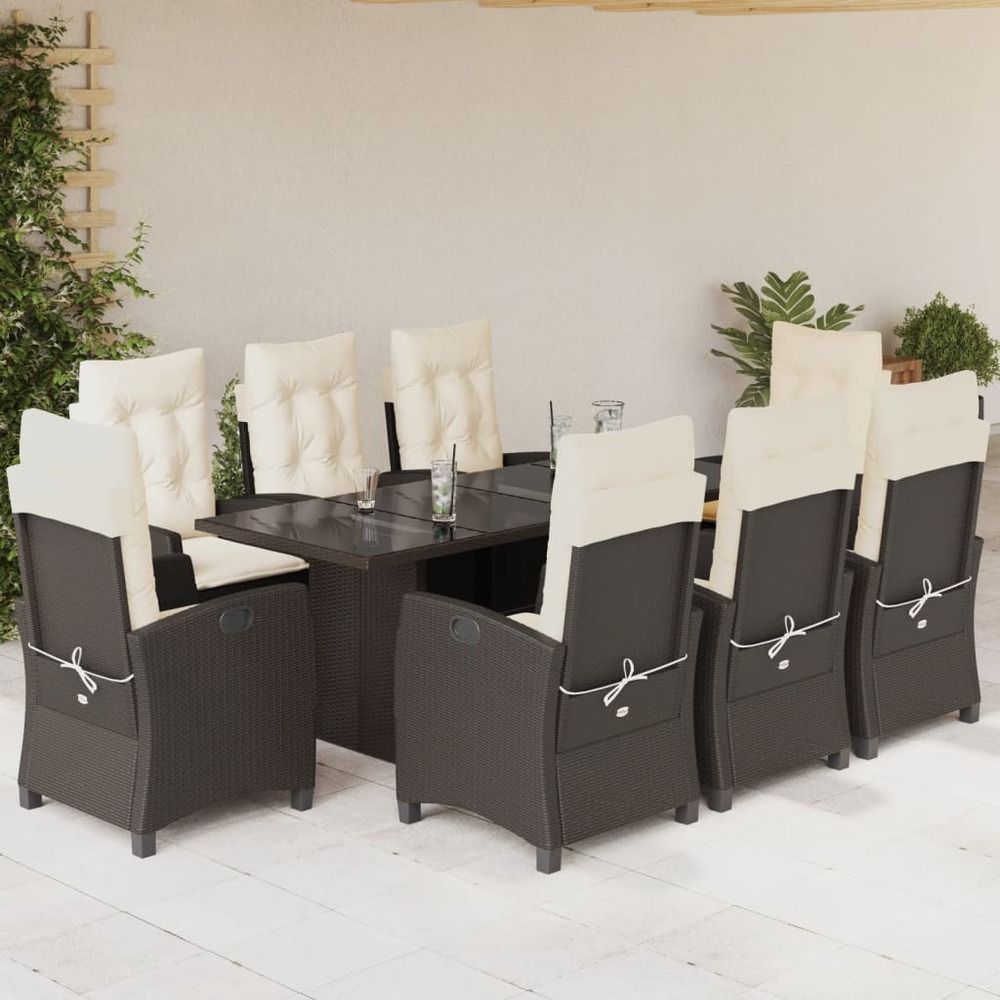 Ensemble à manger de jardin et coussins 9 pcs marron poly rotin