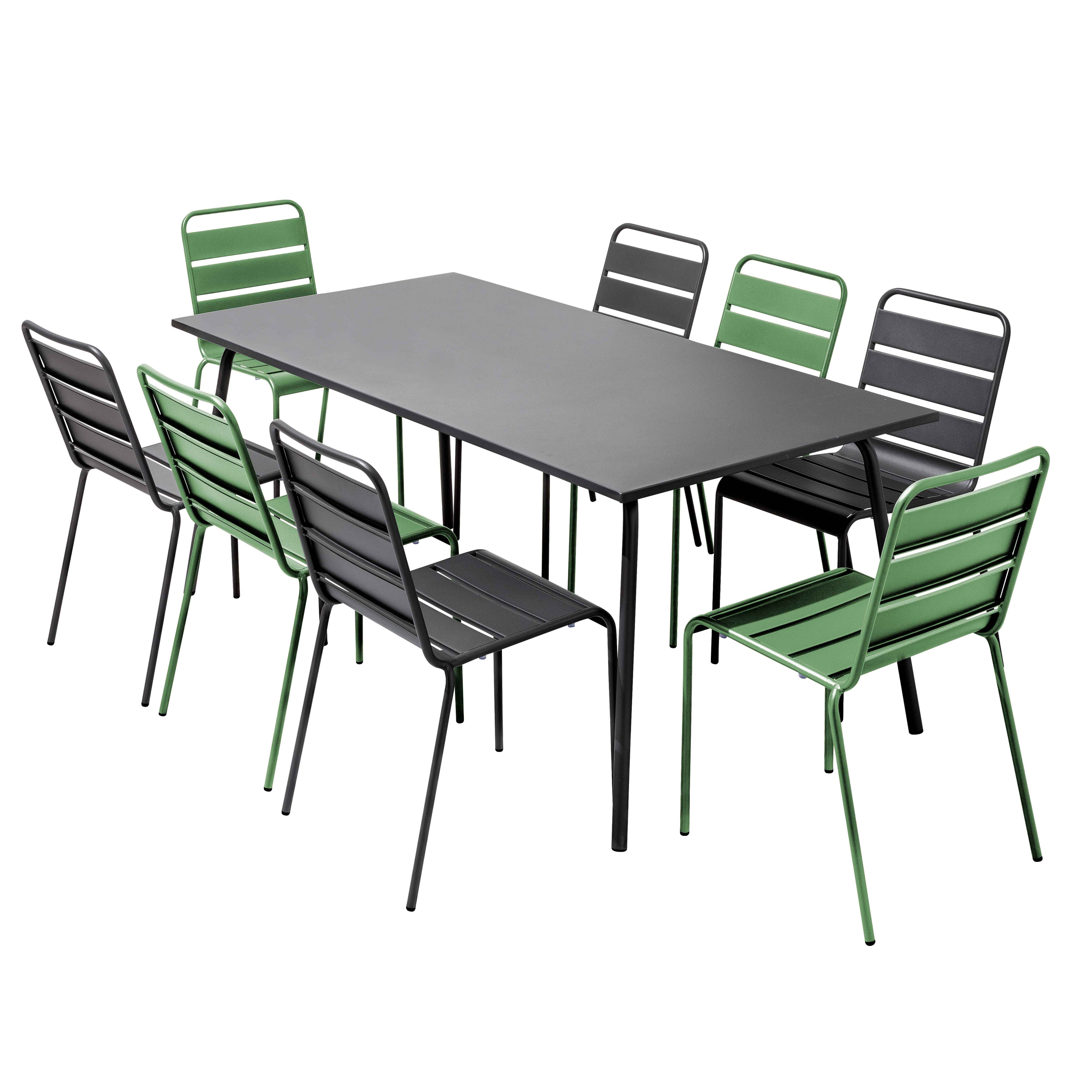 Ensemble table de jardin et 8 chaises en métal gris et vert cactus