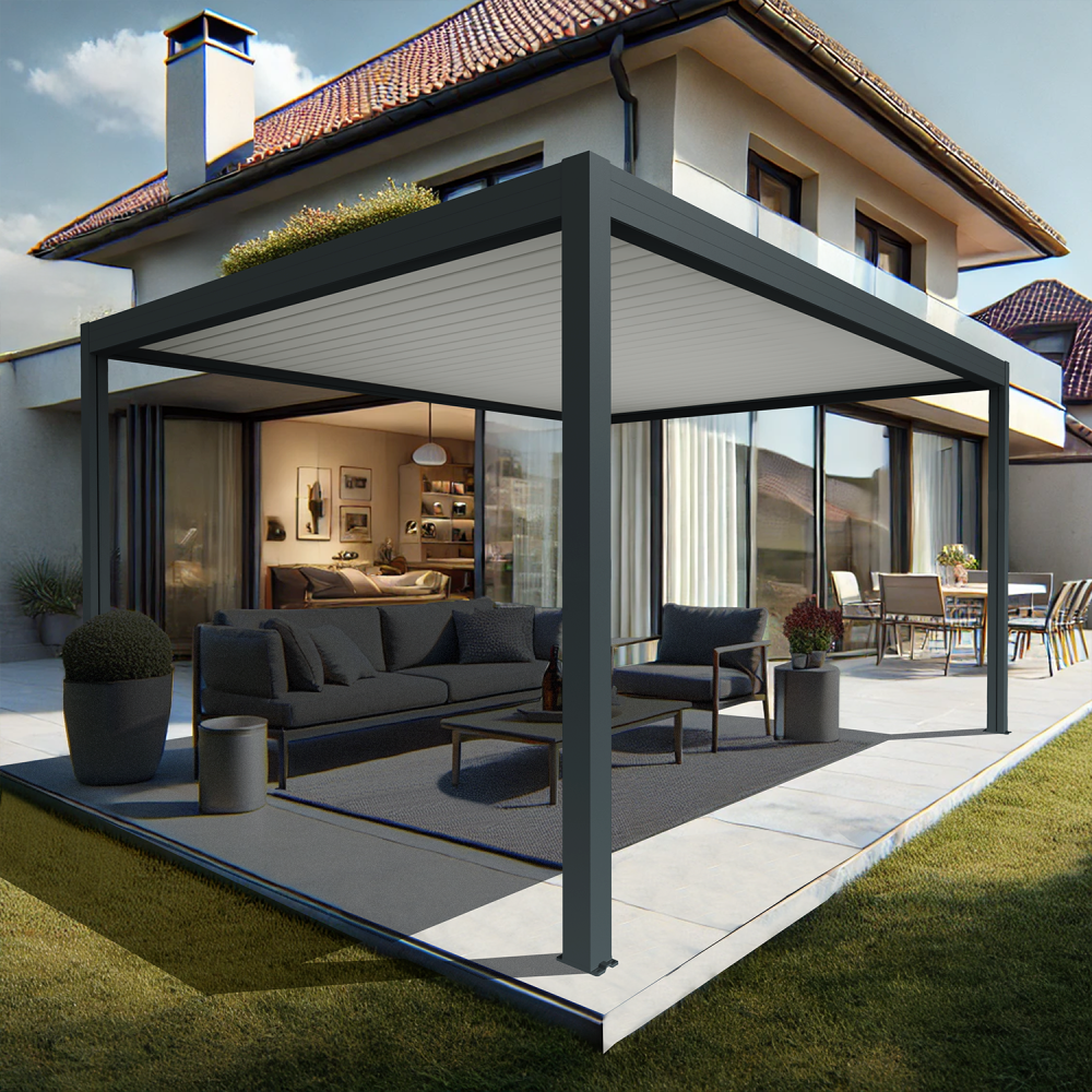 Pergola bioclimatique xenon ii îlot (vérin à télécommande - gris anthracite / blanc - 4,00 x 3,993m)