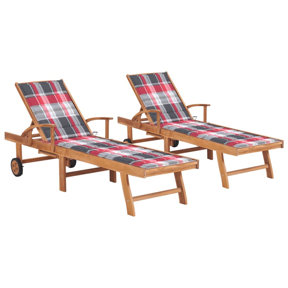 Lot de 2 transats chaise longue bain de soleil lit de jardin terrasse meuble d'extérieur avec coussin carreaux rouge teck sol