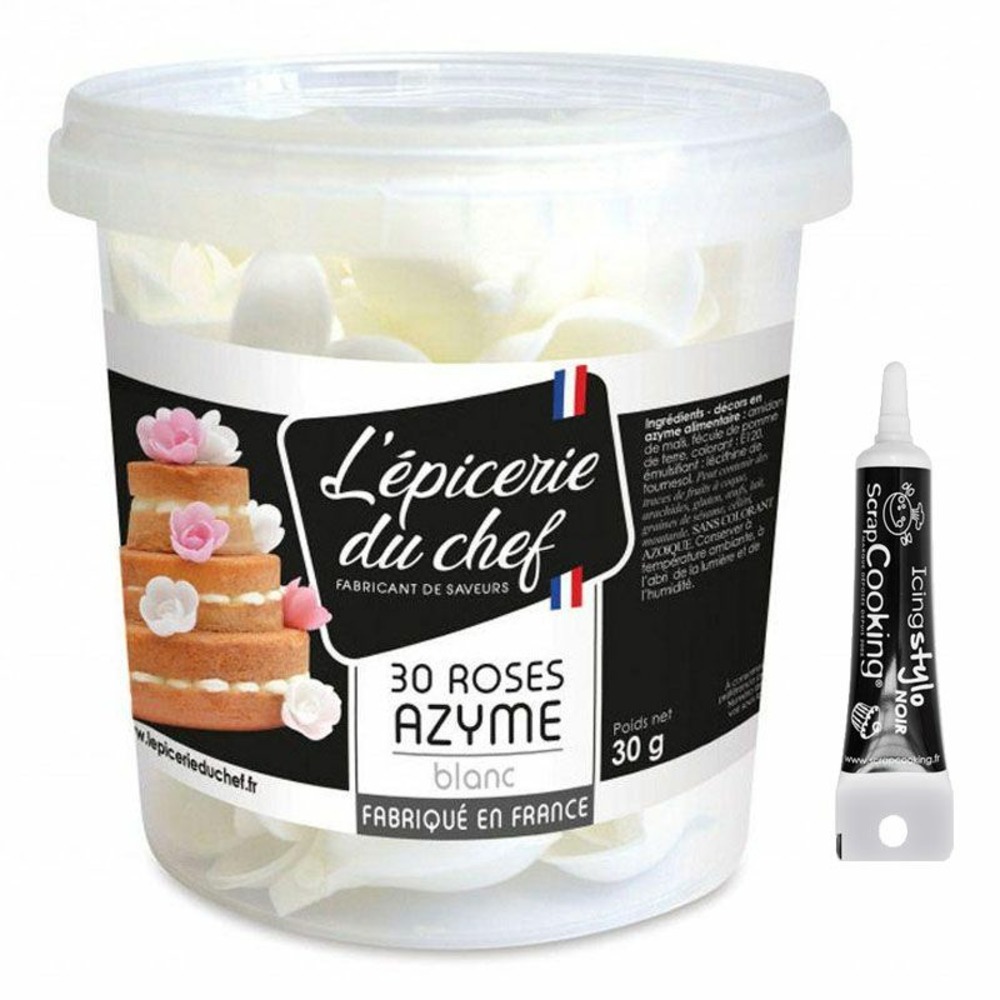 30 roses blanches en papier azyme + stylo de glaçage noir