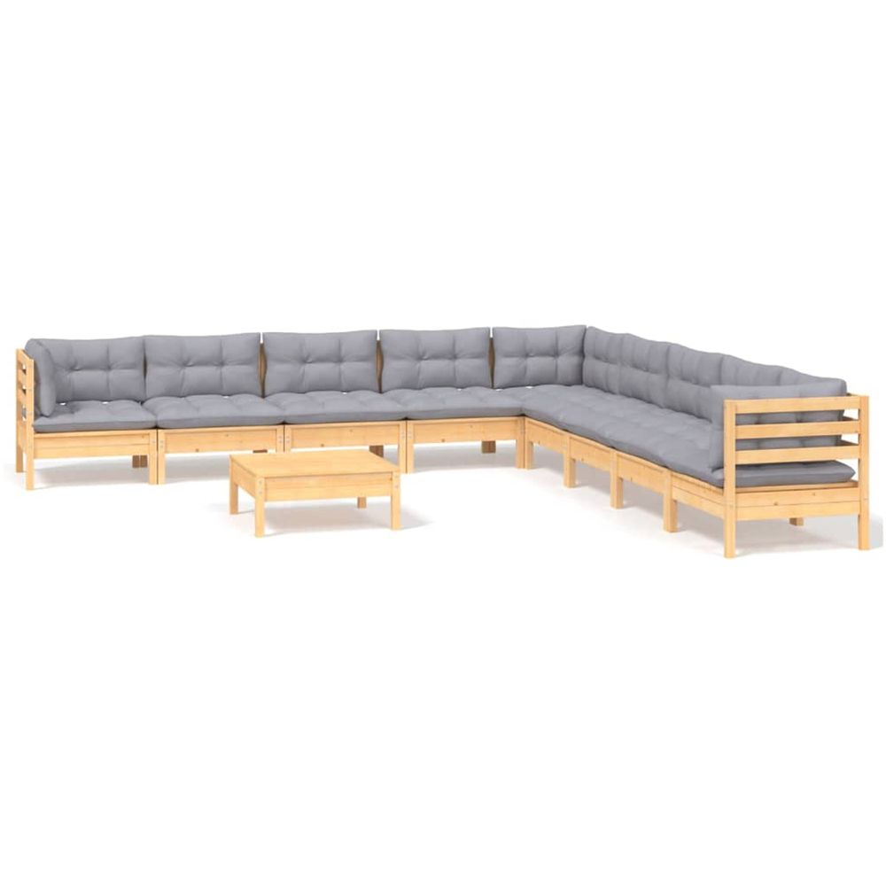 Salon de jardin 10 pcs avec coussins gris bois de pin massif