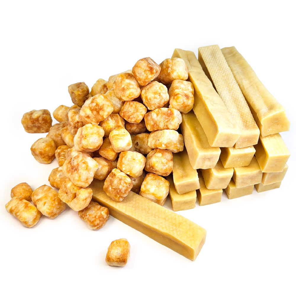 Family Box Duo : 15 Cheese Bones Medium (1kg) + 300g de Croustillants au fromage, Friandises pour chien (10-14kg)