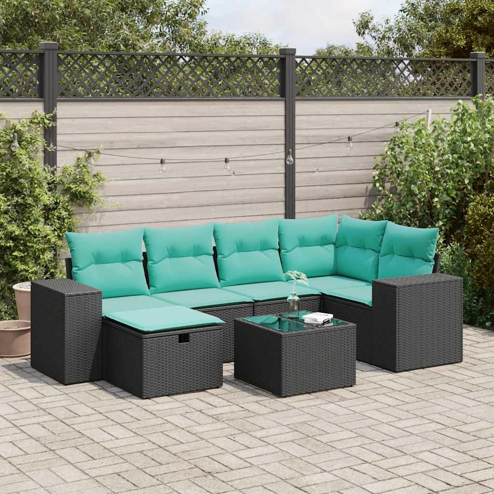 Salon de jardin 7 pcs avec coussins noir résine tressée