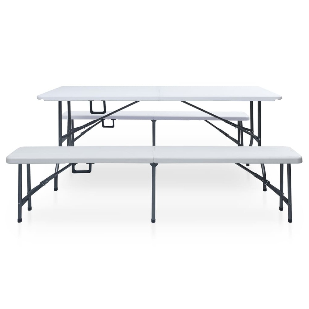 Table pliable de jardin avec 2 bancs 180 cm acier et pehd blanc