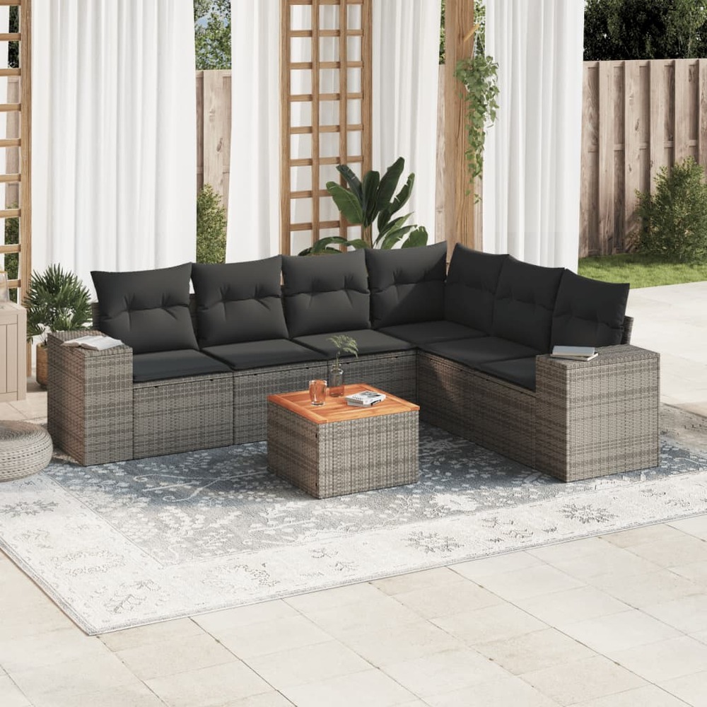 Salon de jardin avec coussins 7 pcs gris résine tressée