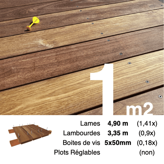Kit terrasse bois exotique cumaru pour 1 m², lames 4,9 m, lambourdes 3,35 m et visserie inox.