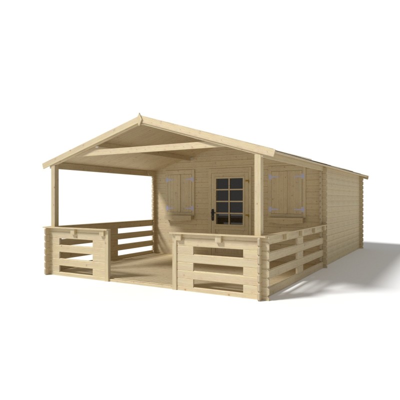 Abri de jardin en bois - 4x3 m - 24 m2 + terrasse avec balustrade et avant-toit en bois