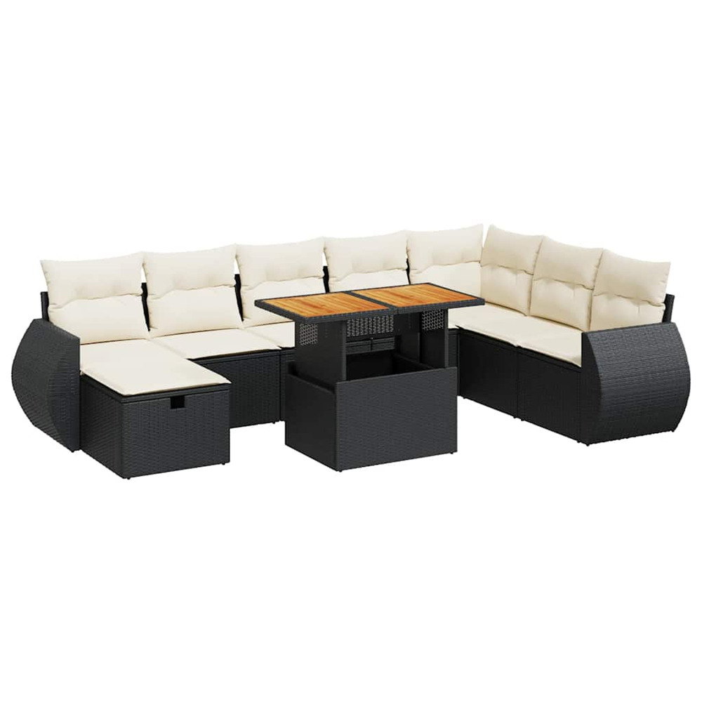 Salon de jardin avec coussins 9 pcs noir résine tressée acacia