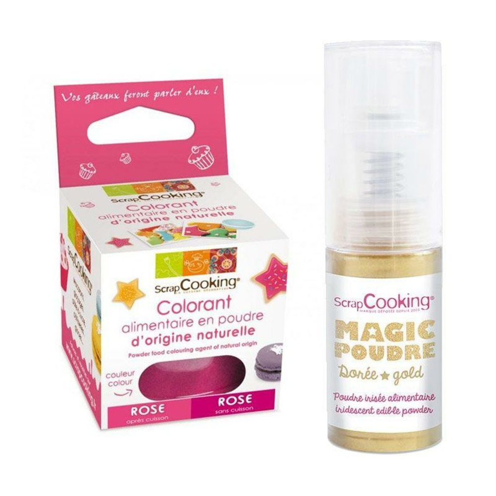 Colorant alimentaire rose foncé + poudre alimentaire irisée dorée