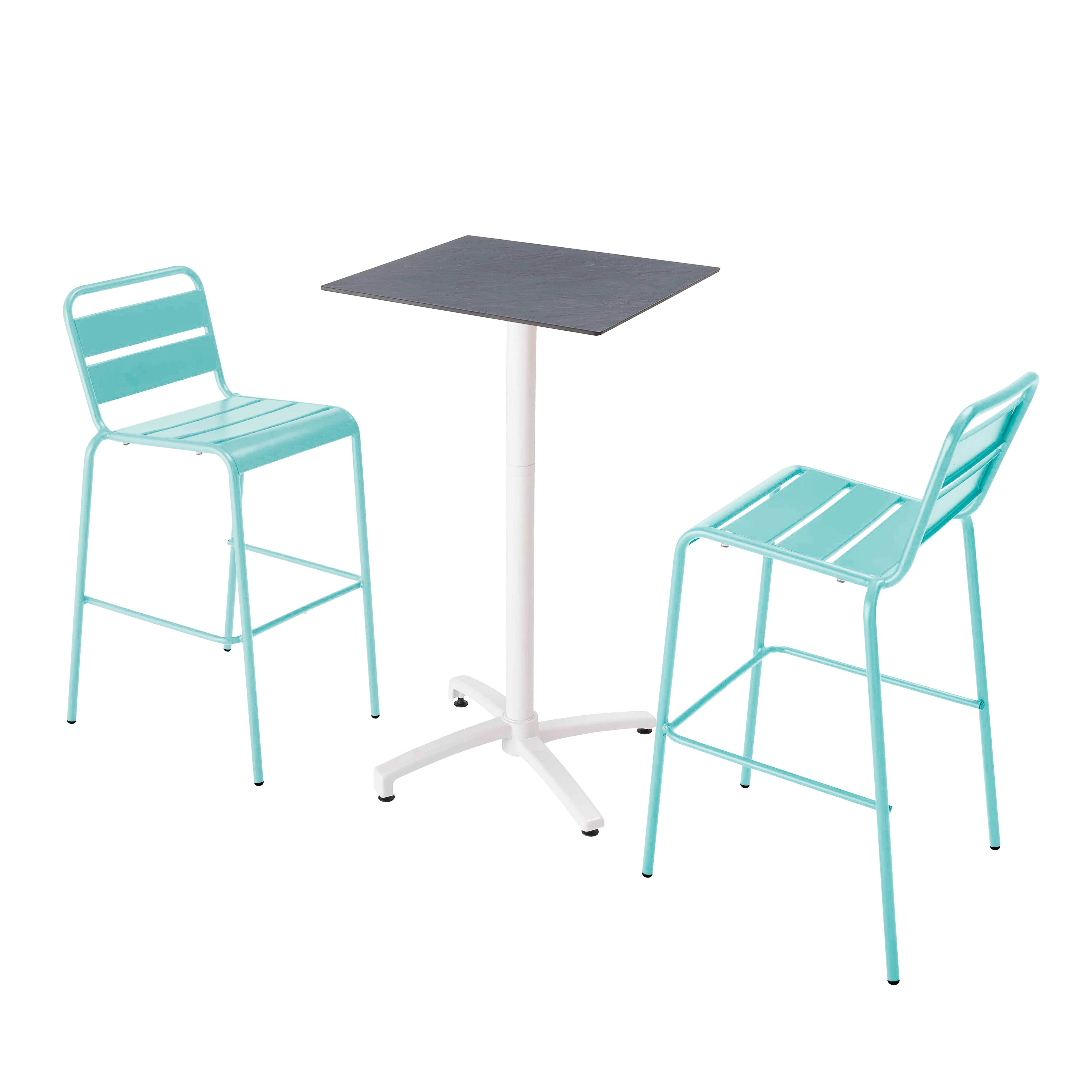 Ensemble table haute stratifié ardoise et 2 chaises bleu turquoise