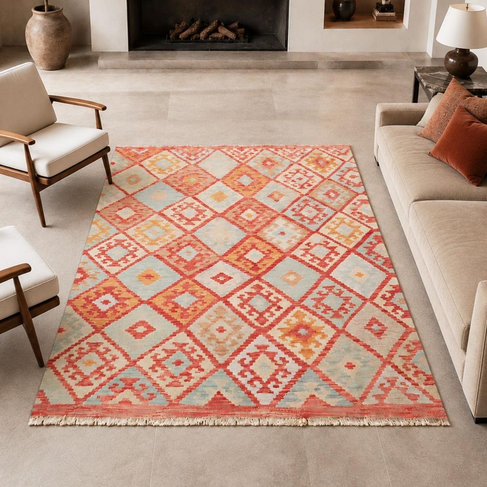 Tapis kilim 160 x 194 cm, multicolore beige et rouge, en laine naturelle, kilim 87