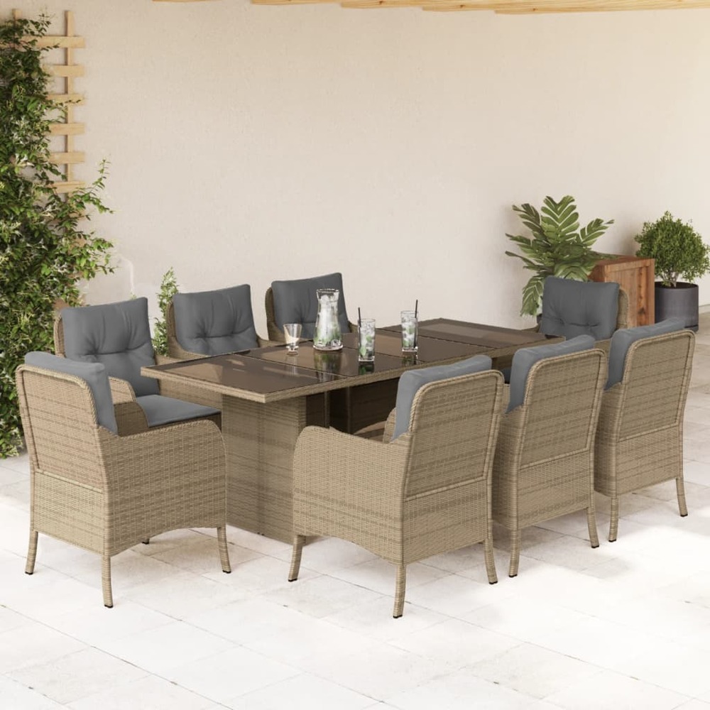 Ensemble à manger de jardin et coussins 9 pcs beige poly rotin