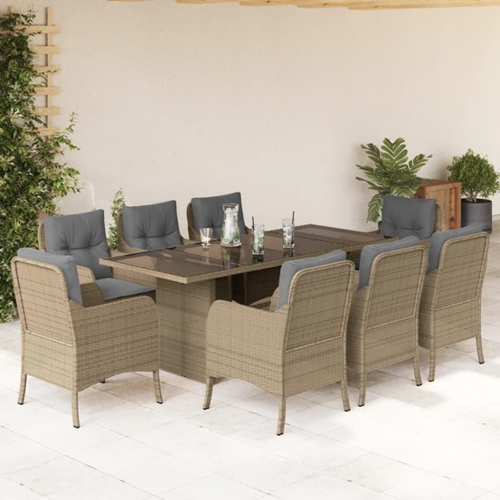 Ensemble à manger de jardin et coussins 9 pcs beige poly rotin