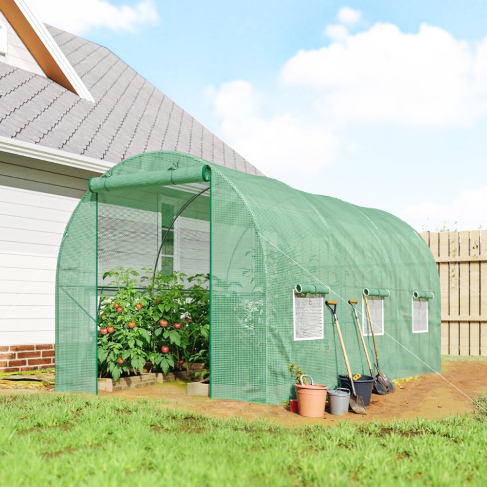 Serre tunnel de jardin pe vert 4,45 x 2 x 2 m pour cultures avec porte et fenêtres - comfortxl outdoor living