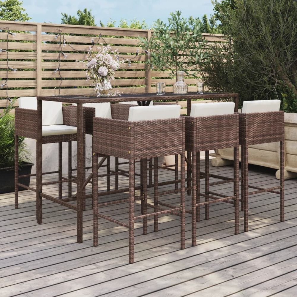 Ensemble de bar de jardin avec coussins 7 pcs marron poly rotin