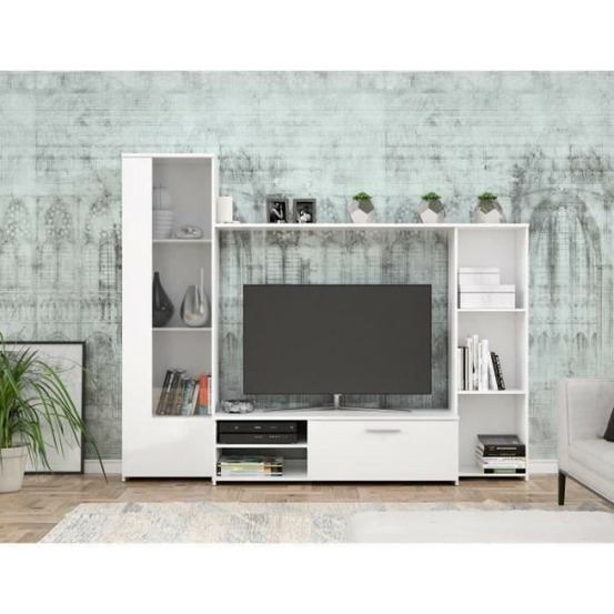 Meuble tv paroi pilvi - particules mélaminé -décor blanc mat - porte vitrée + 1 abattant + 5 niches - l220 x p41 x h177,5 cm