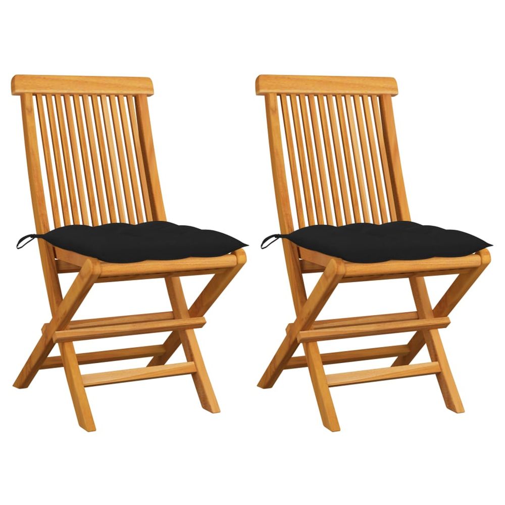 Chaises pliantes avec coussins noirs, 2 pièces, en teck massif