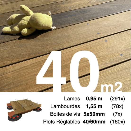 Kit complet terrasse bois exotique ipe pour 40 m², lames 0,95 m, lambourdes 1,55 m, plots réglables et visserie inox.