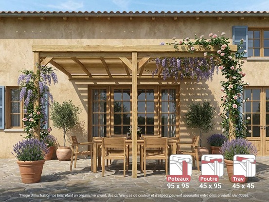 Pergola adossée en bois montpellier 500 x 400 cm + 3 supports surélevés
