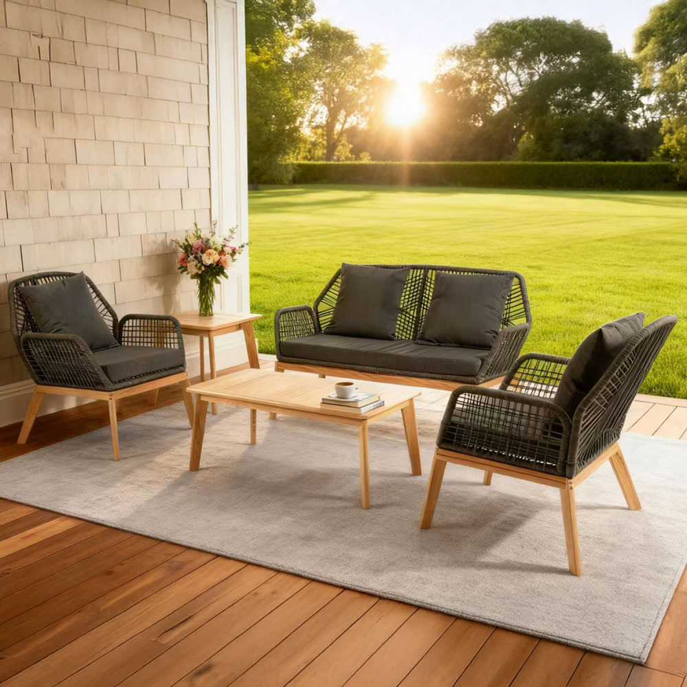 Salon de jardin 4 places en bois avec 2 tables gris anthracite et bois rosario