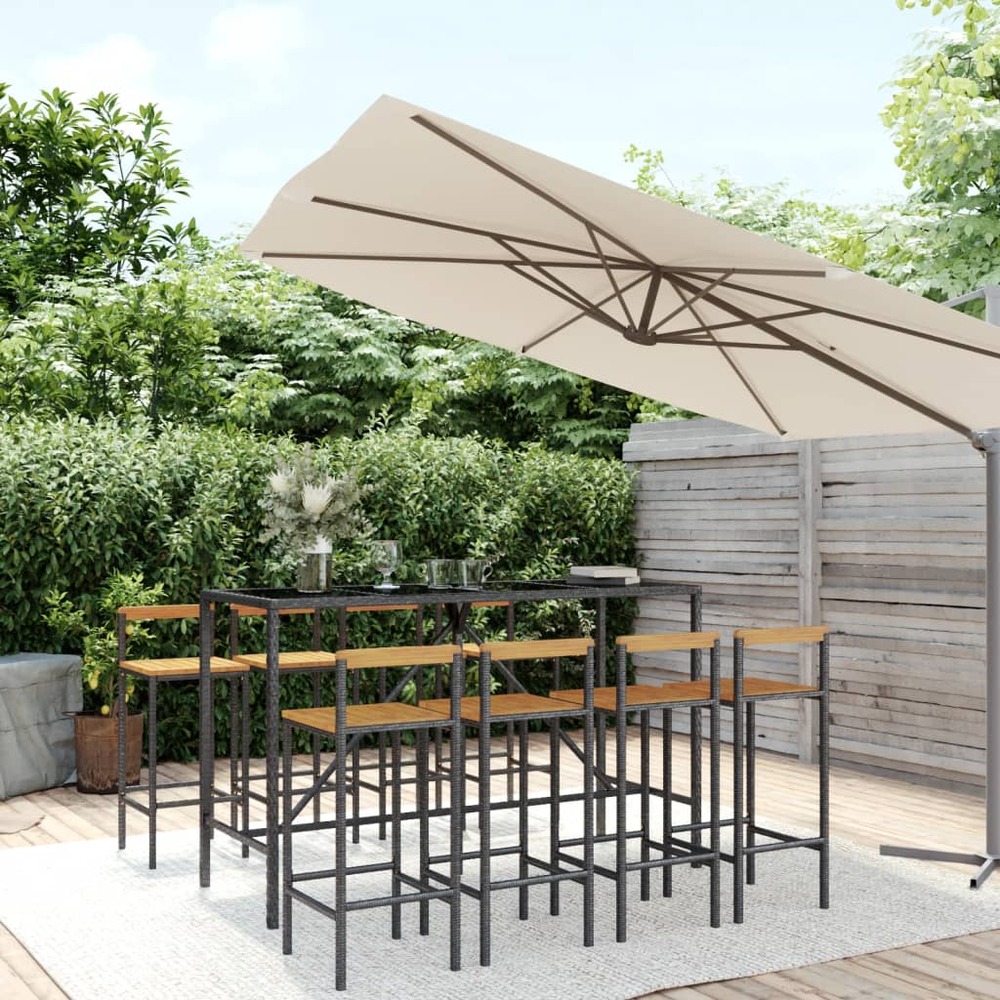 Ensemble de bar jardin 9 pcs noir poly rotin/bois massif acacia