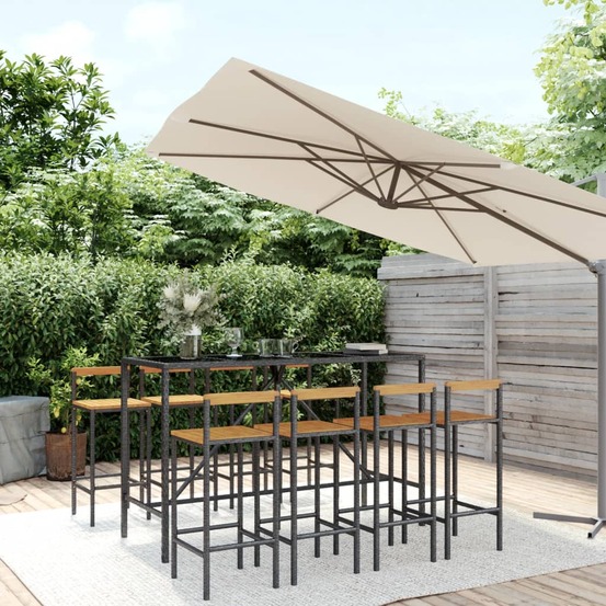 Ensemble de bar jardin 9 pcs noir poly rotin/bois massif acacia
