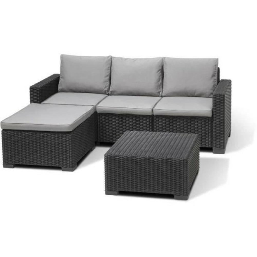Salon de jardin en résine imitation rotin tressé - gris graphite - avec pouf et table basse - - 4 personnes - california