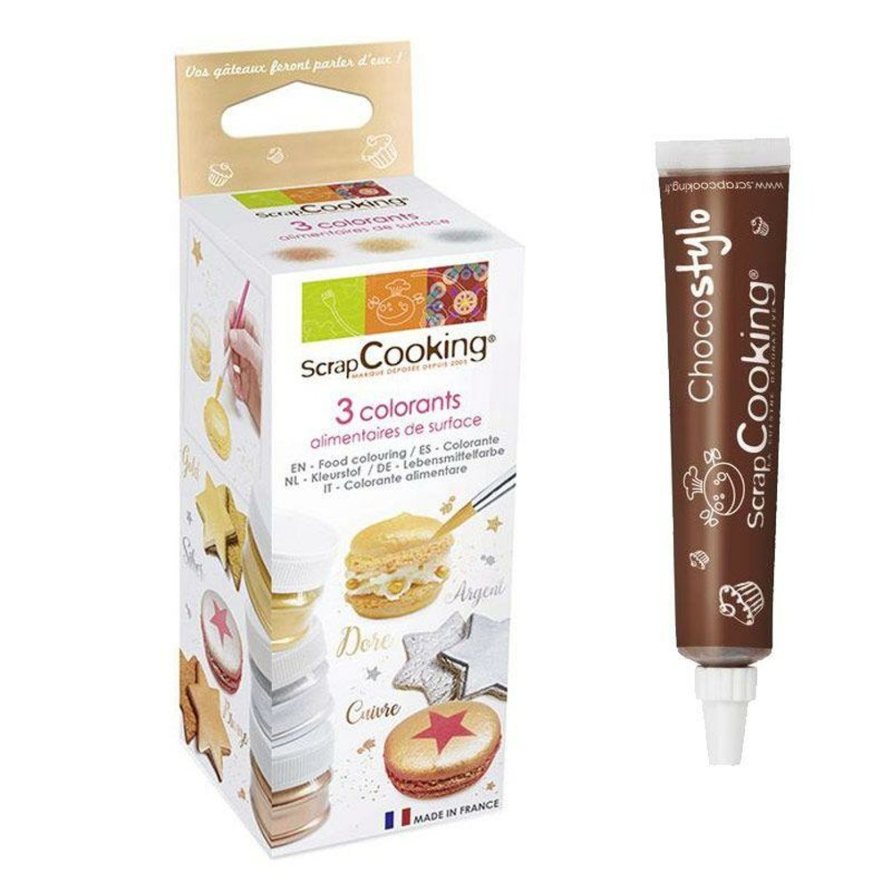 3 colorants alimentaires de surface doré, argenté, cuivré + 1 stylo chocolat