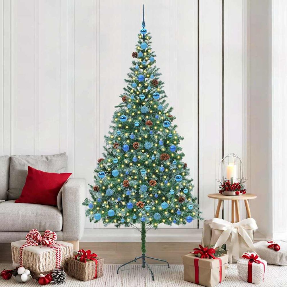 Sapin de noël artificiel givré 210 cm, kit complet avec 300 led blanc chaud et 120 boules