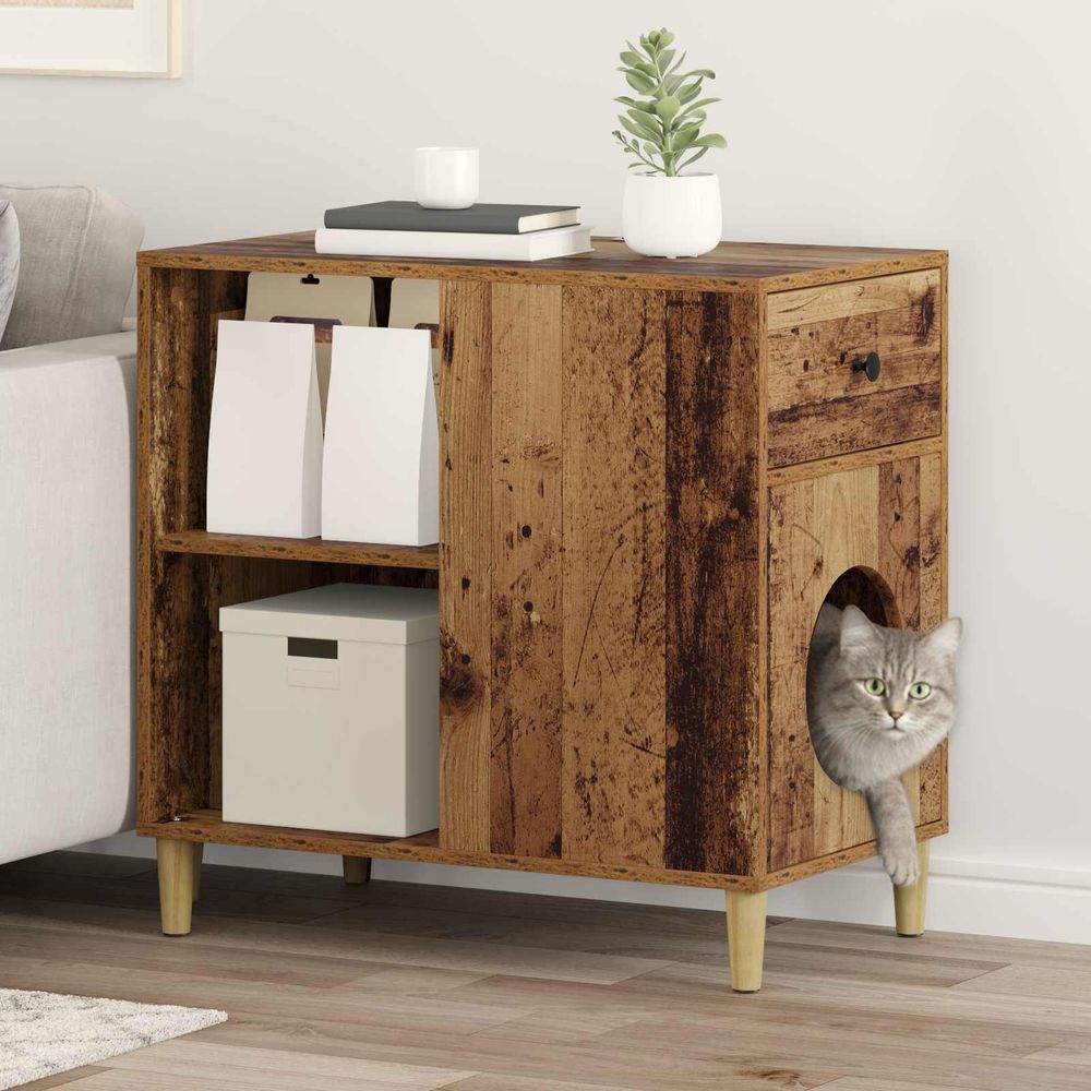 Grande maison chat bois ancien brun 72cm pour grand chat déco salon