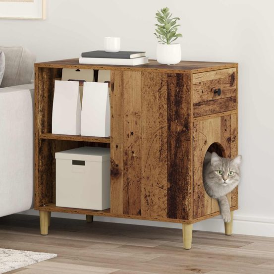 Grande maison chat bois ancien brun 72cm pour grand chat déco salon