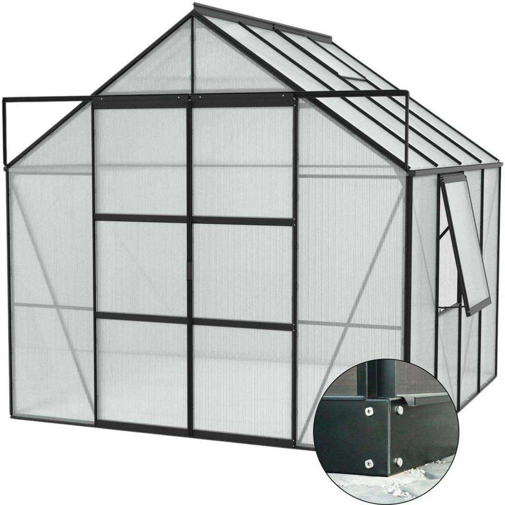 Serre de jardin en polycarbonate 6 mm et aluminium noir avec embase jupiter long