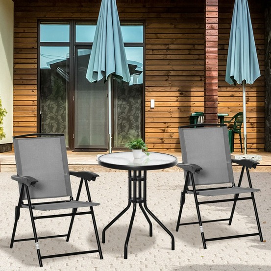 Ensemble de jardin 3 pièces 2 chaises inclinables multi-positions pliables table ronde verre trempé métal textilène gris
