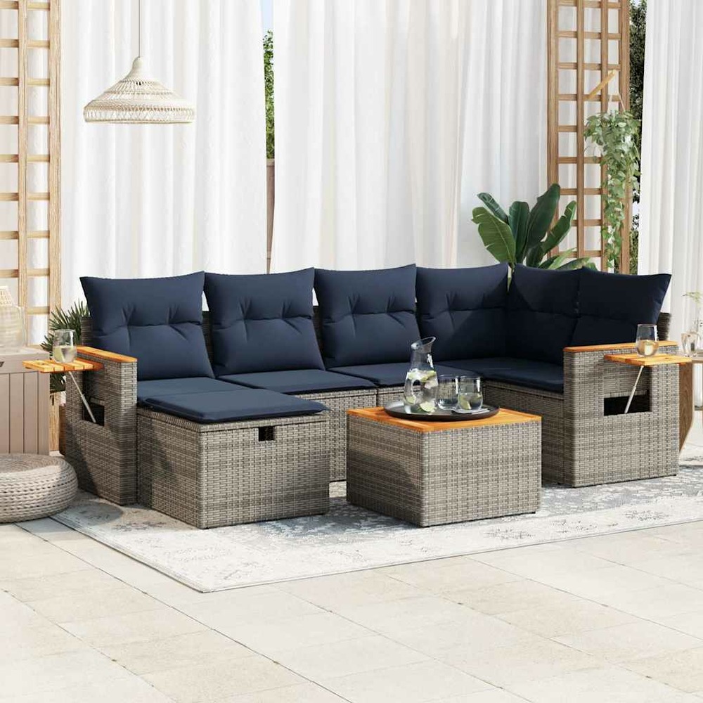 Salon de jardin avec coussins 7 pcs gris résine tressée