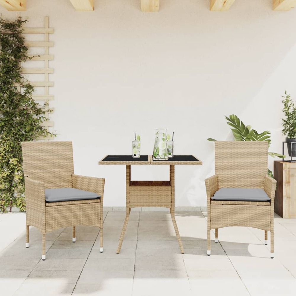 Ensemble à manger de jardin et coussins 3 pcs beige rotin verre