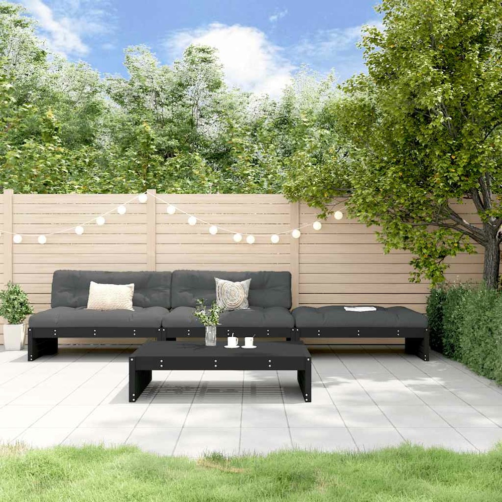 Salon de jardin 4 pcs avec coussins noir bois massif