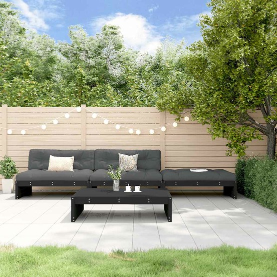 Salon de jardin 4 pcs avec coussins noir bois massif
