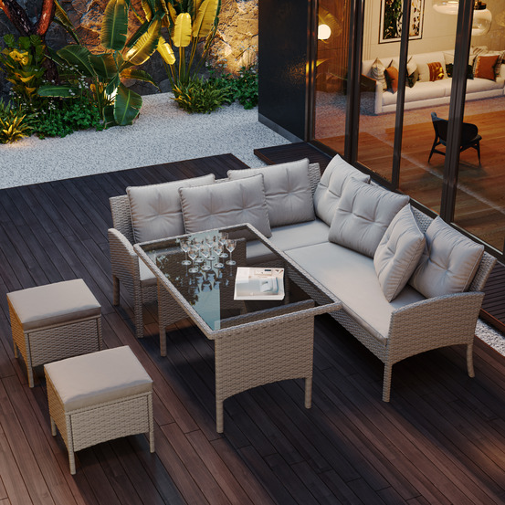 Ensemble de salon en polyrotin, pour 7 personnes, comprenant canapé, table, tabouret et coussins, housse en tissu lavable, kaki